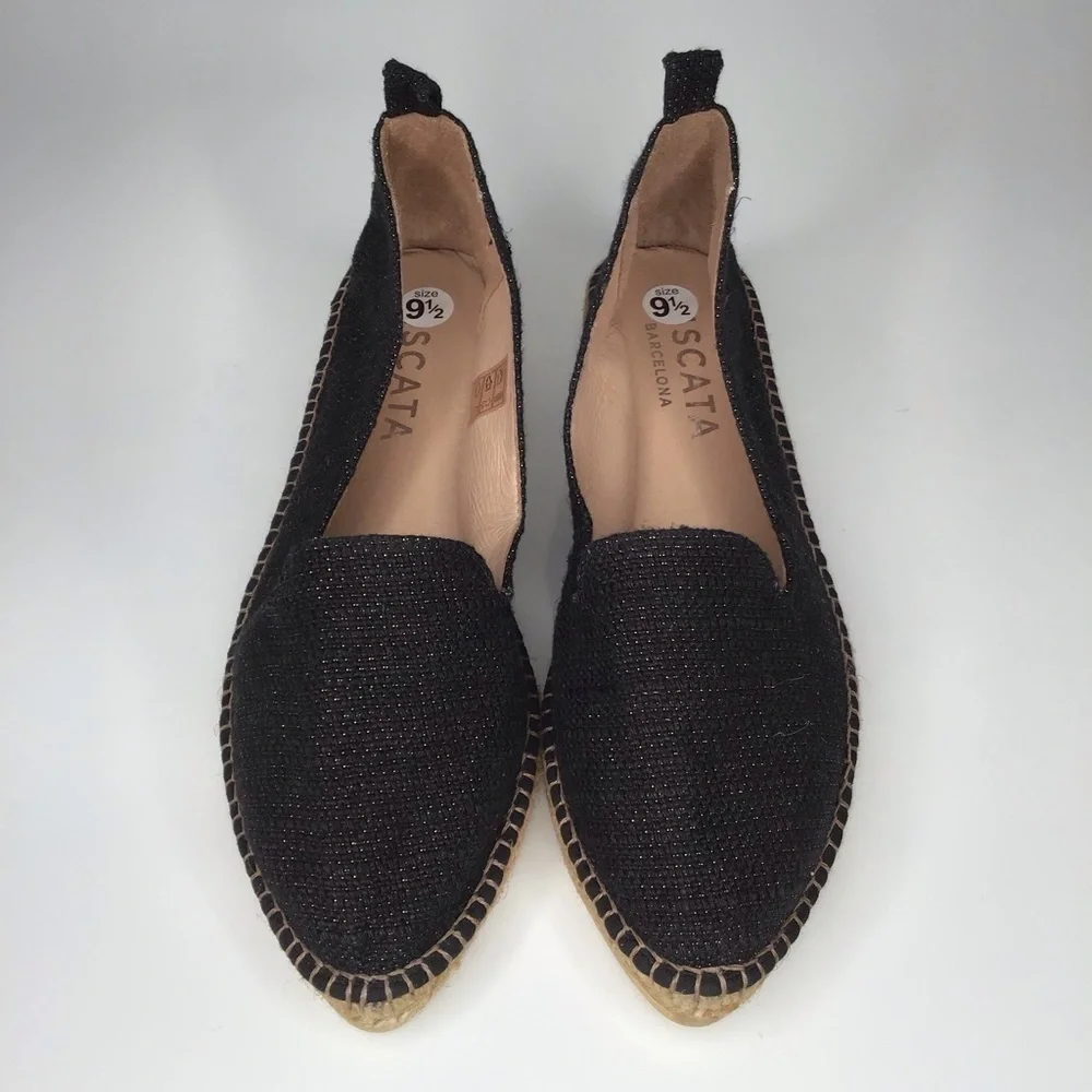 NWOT VISCATA BARCELONA Black Sheen Palafrugell Linen Espadrille Flats.